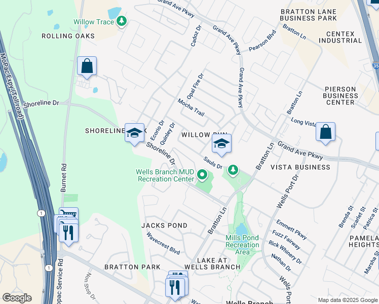 map of restaurants, bars, coffee shops, grocery stores, and more near 3409 Sauls Drive in Austin