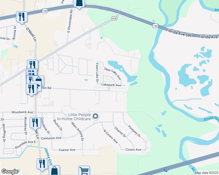map of restaurants, bars, coffee shops, grocery stores, and more near Lakepark Court in Baton Rouge