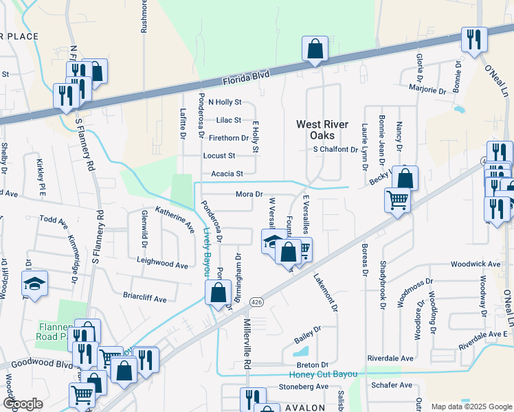 map of restaurants, bars, coffee shops, grocery stores, and more near 14554 Mora Drive in Baton Rouge