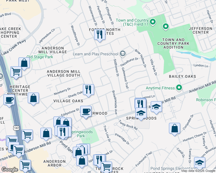 map of restaurants, bars, coffee shops, grocery stores, and more near 9201 Shady Oaks Drive in Austin
