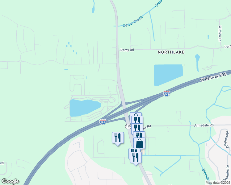 map of restaurants, bars, coffee shops, grocery stores, and more near 3838 Newcomb Road in Jacksonville