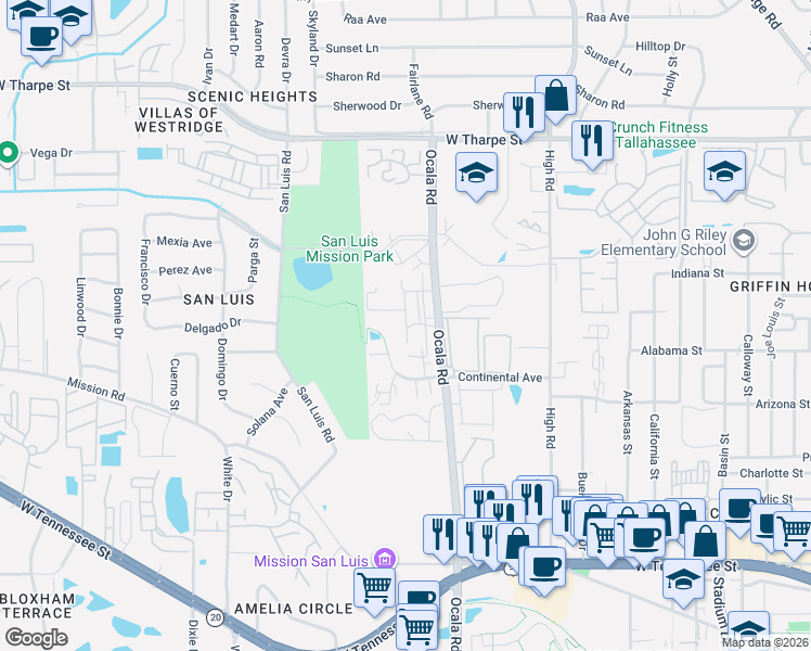 map of restaurants, bars, coffee shops, grocery stores, and more near 1318 Rumba Lane in Tallahassee