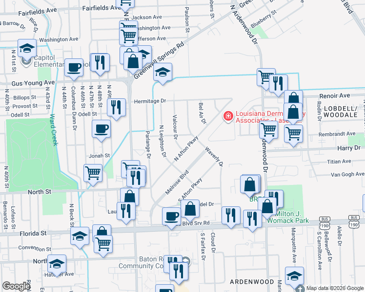 map of restaurants, bars, coffee shops, grocery stores, and more near 963 Valcour Drive in Baton Rouge