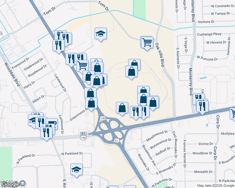 map of restaurants, bars, coffee shops, grocery stores, and more near 9701 Cortana Place in Baton Rouge