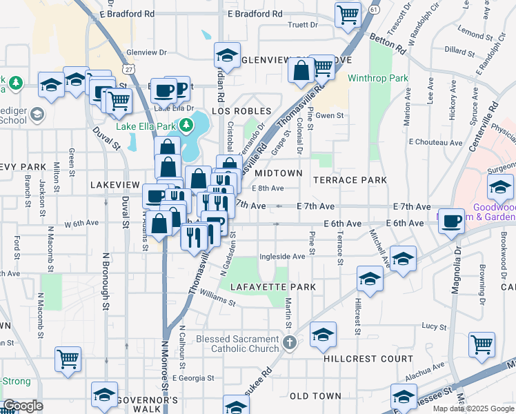 map of restaurants, bars, coffee shops, grocery stores, and more near 510 East 7th Avenue in Tallahassee