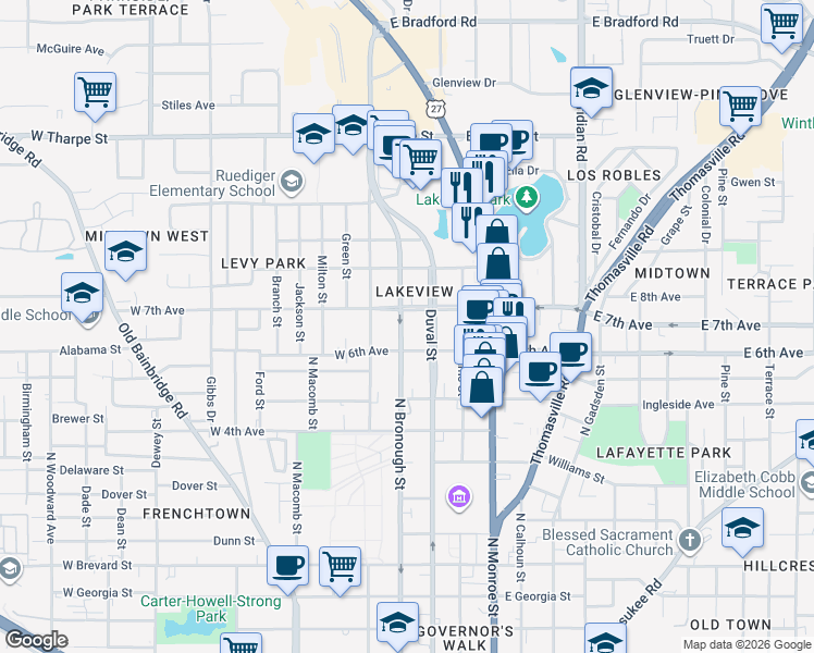 map of restaurants, bars, coffee shops, grocery stores, and more near 1332 North Duval Street in Tallahassee