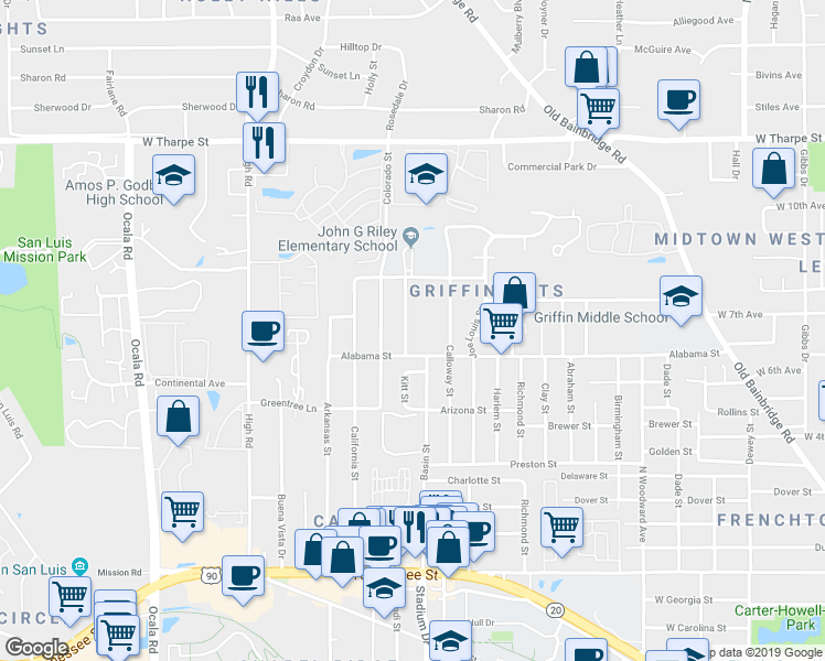 map of restaurants, bars, coffee shops, grocery stores, and more near 1320 Connecticut Street in Tallahassee