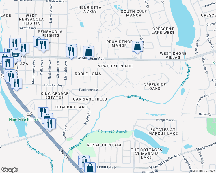 map of restaurants, bars, coffee shops, grocery stores, and more near 2535 Chateau Court in Pensacola