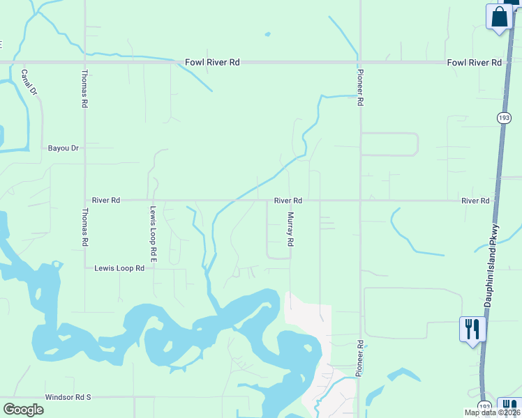 map of restaurants, bars, coffee shops, grocery stores, and more near 3801 River Road in Theodore