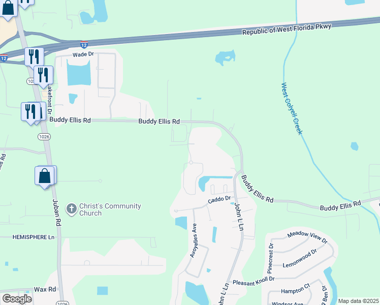 map of restaurants, bars, coffee shops, grocery stores, and more near 11000 Buddy Ellis Road in Denham Springs
