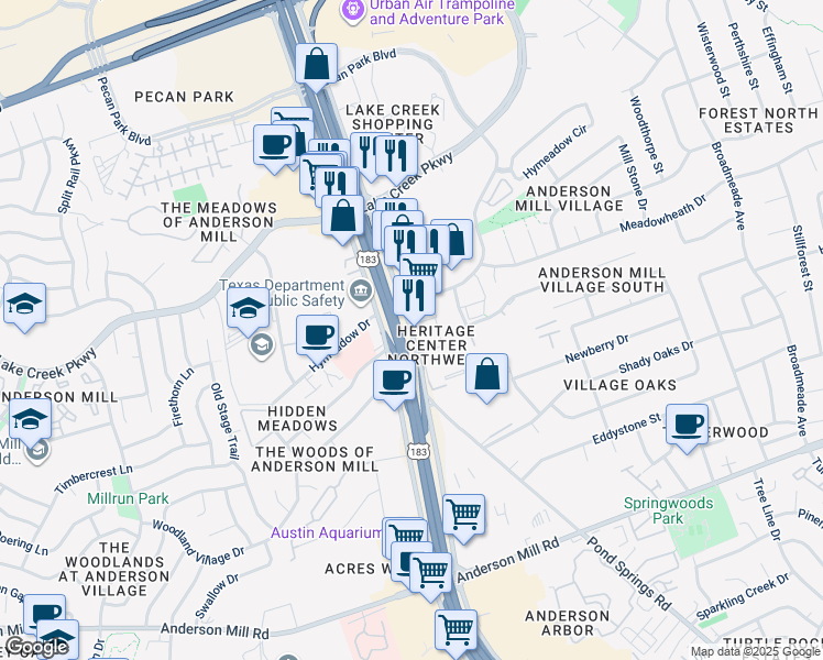map of restaurants, bars, coffee shops, grocery stores, and more near 13700 Research Boulevard in Austin