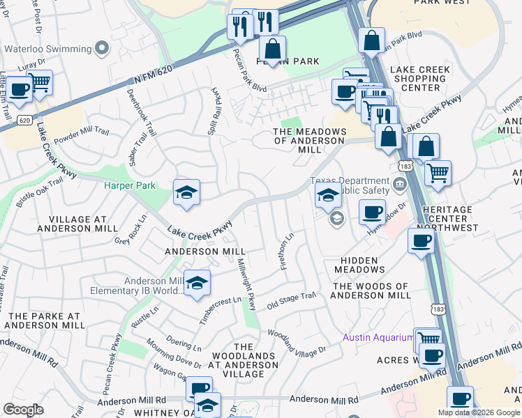 map of restaurants, bars, coffee shops, grocery stores, and more near 10600 Leather Cove in Austin