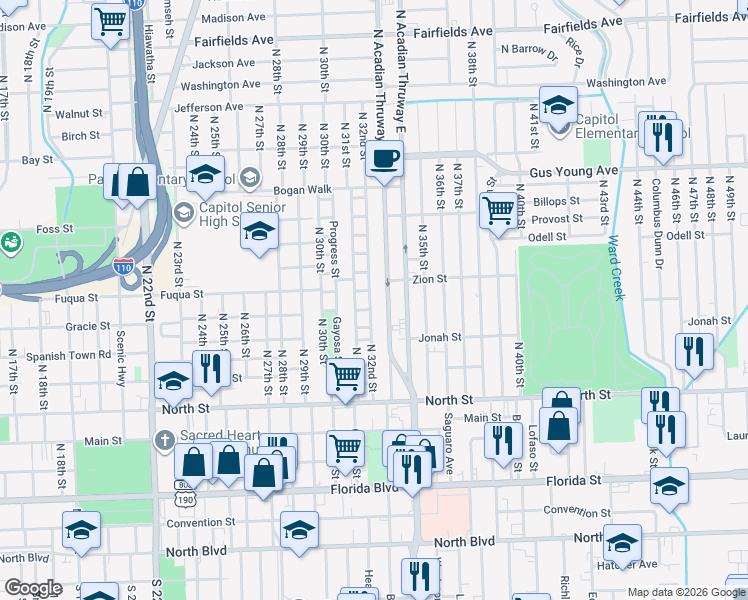 map of restaurants, bars, coffee shops, grocery stores, and more near 1000 North 32nd Street in Baton Rouge