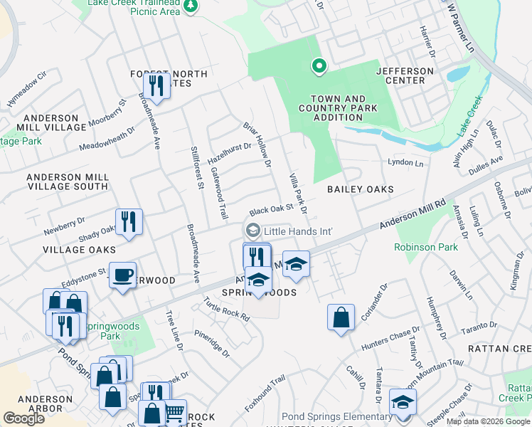 map of restaurants, bars, coffee shops, grocery stores, and more near 8817 Black Oak Street in Austin