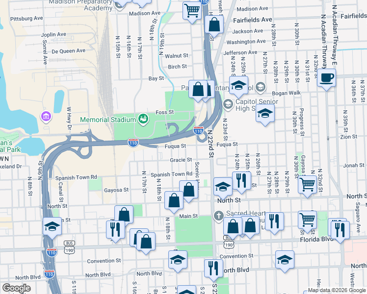 map of restaurants, bars, coffee shops, grocery stores, and more near 963 North 20th Street in Baton Rouge
