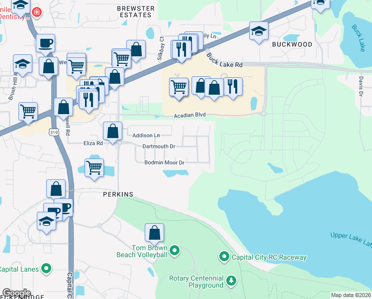 map of restaurants, bars, coffee shops, grocery stores, and more near 3327 Dartmouth Drive in Tallahassee