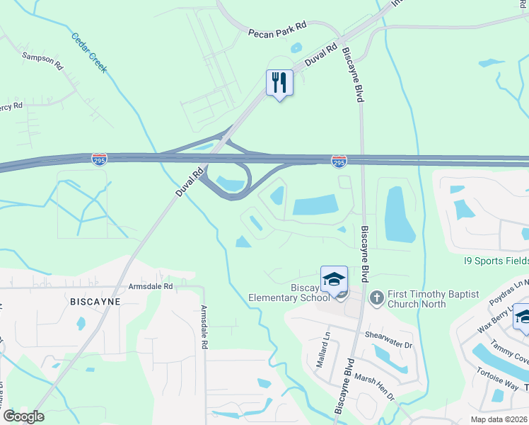 map of restaurants, bars, coffee shops, grocery stores, and more near 12450 Biscayne Boulevard in Jacksonville