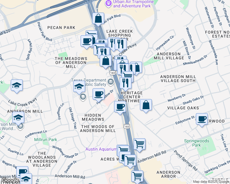 map of restaurants, bars, coffee shops, grocery stores, and more near 13700 Research Boulevard in Austin