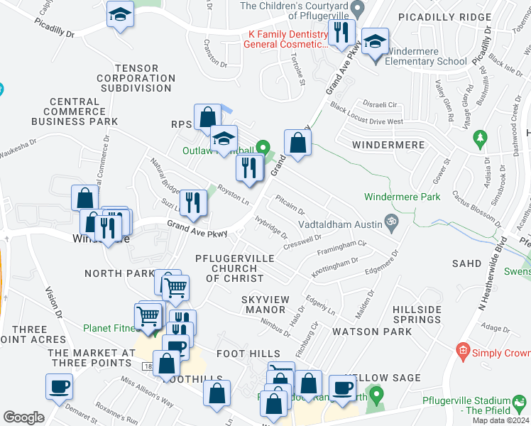 map of restaurants, bars, coffee shops, grocery stores, and more near 1301 Batavia Drive in Pflugerville