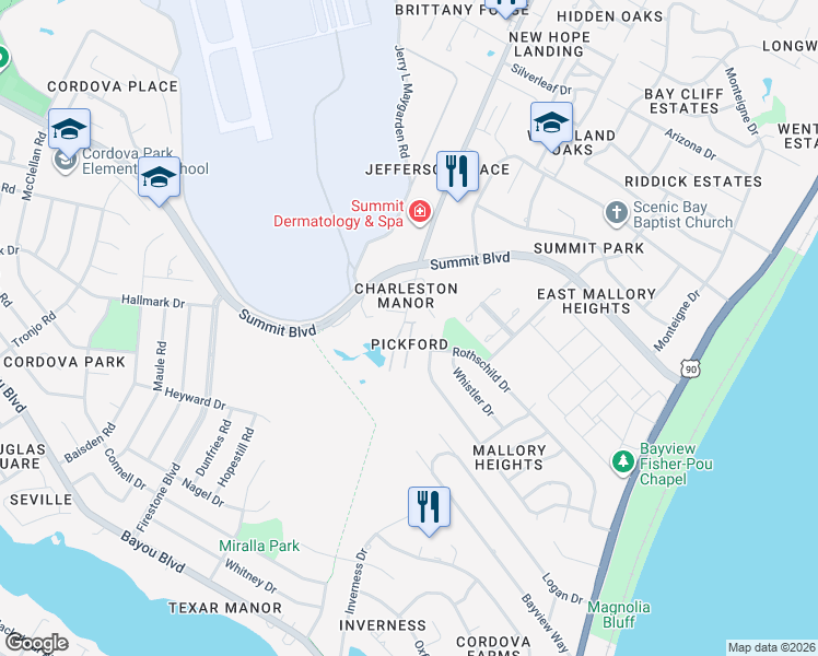 map of restaurants, bars, coffee shops, grocery stores, and more near 2945 Pickford Place in Pensacola