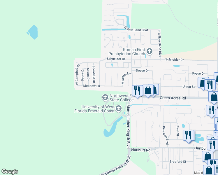 map of restaurants, bars, coffee shops, grocery stores, and more near 842 Meadow Lane in Fort Walton Beach