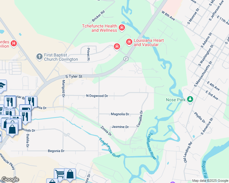 map of restaurants, bars, coffee shops, grocery stores, and more near 93 North Dogwood Drive in Covington