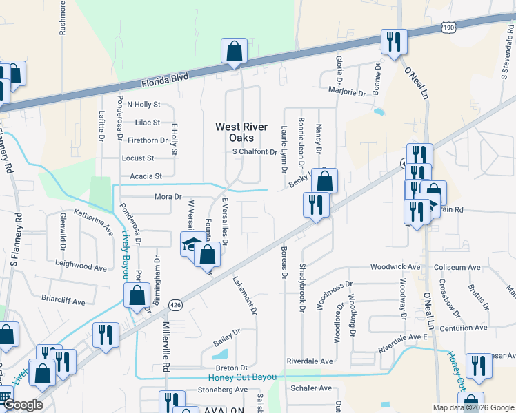map of restaurants, bars, coffee shops, grocery stores, and more near 15084 Banff Court in Baton Rouge