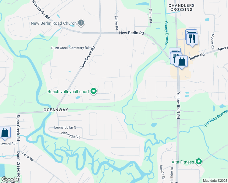 map of restaurants, bars, coffee shops, grocery stores, and more near 2434 Caney Oaks Drive East in Jacksonville