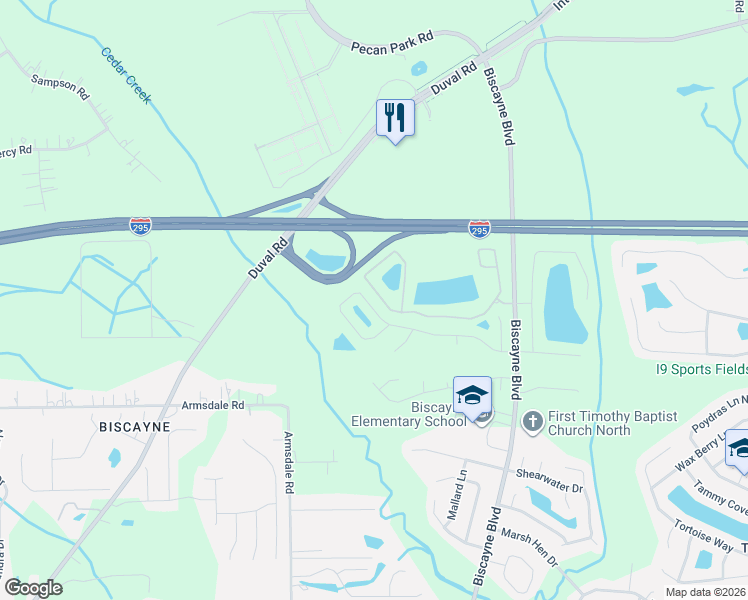map of restaurants, bars, coffee shops, grocery stores, and more near 12450 Biscayne Boulevard in Jacksonville