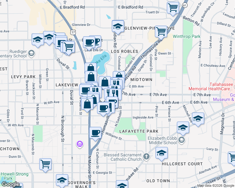 map of restaurants, bars, coffee shops, grocery stores, and more near 1309 Thomasville Road in Tallahassee