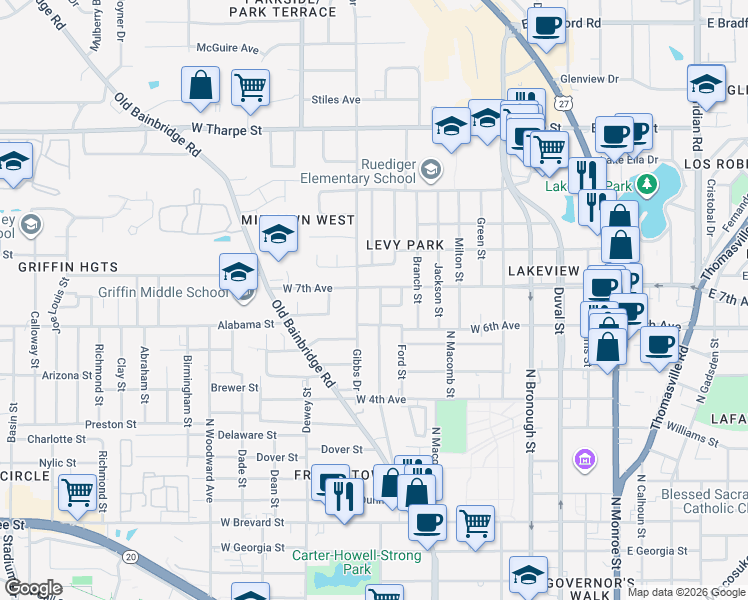 map of restaurants, bars, coffee shops, grocery stores, and more near 1332 Central Street in Tallahassee