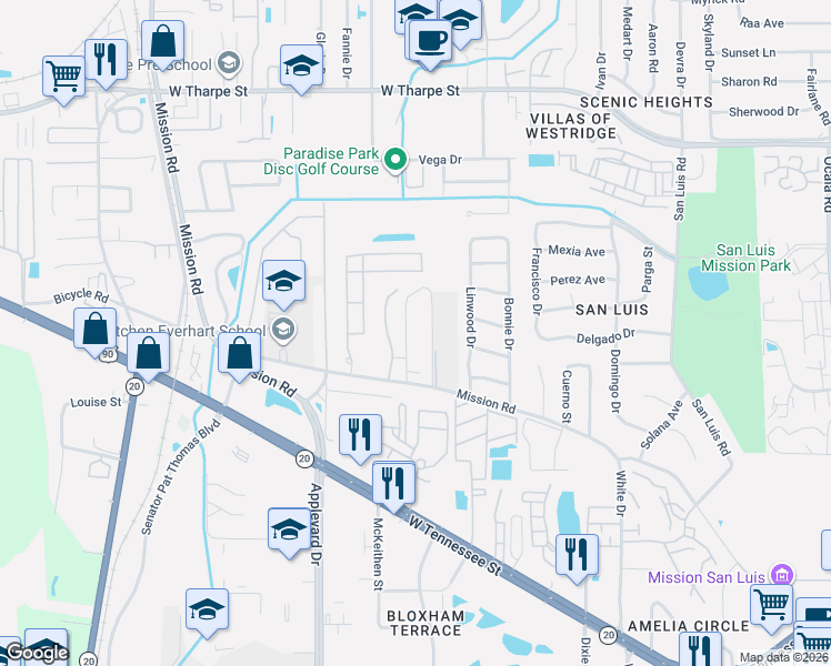 map of restaurants, bars, coffee shops, grocery stores, and more near 2616 Mission Road in Tallahassee