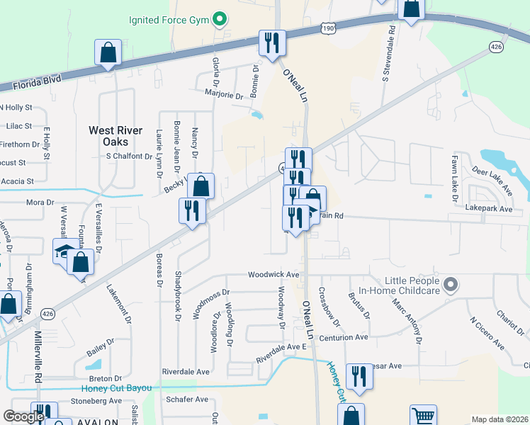 map of restaurants, bars, coffee shops, grocery stores, and more near 824 Hammond Manor Drive in Baton Rouge