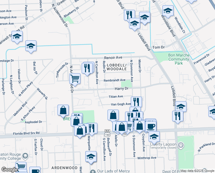 map of restaurants, bars, coffee shops, grocery stores, and more near 6737 Harry Drive in Baton Rouge