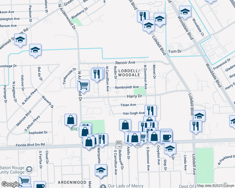 map of restaurants, bars, coffee shops, grocery stores, and more near 6737 Harry Drive in Baton Rouge