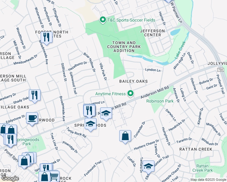 map of restaurants, bars, coffee shops, grocery stores, and more near 8705 Black Oak Street in Austin