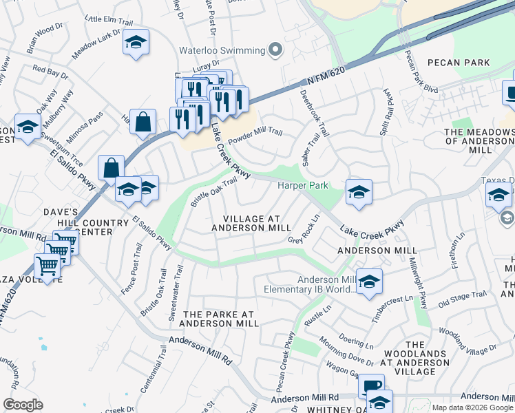 map of restaurants, bars, coffee shops, grocery stores, and more near 11214 Slippery Elm Trail in Austin