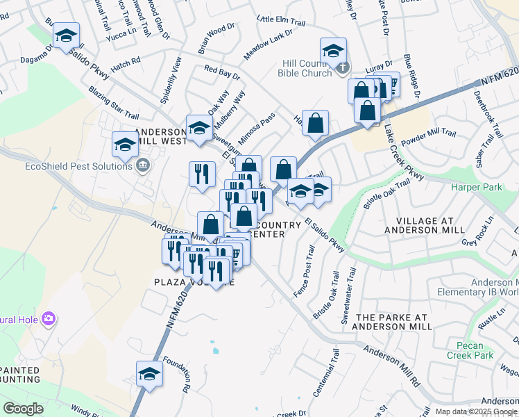 map of restaurants, bars, coffee shops, grocery stores, and more near 11720 Ranch Road 620 North in Austin