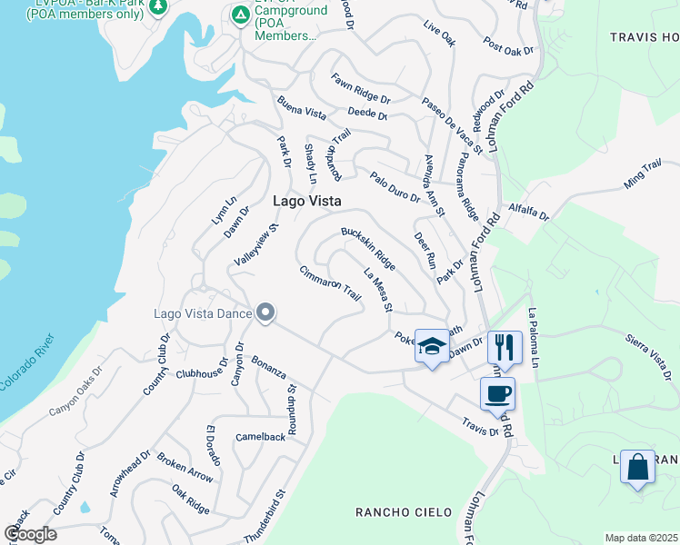 map of restaurants, bars, coffee shops, grocery stores, and more near 6333 La Mesa Street in Lago Vista