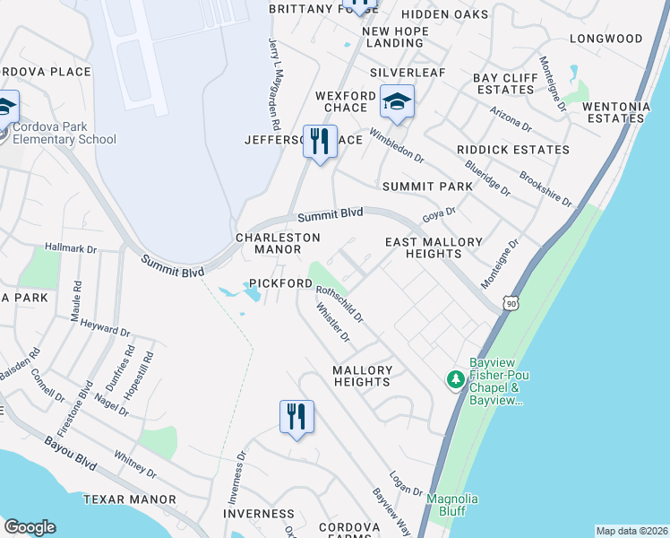 map of restaurants, bars, coffee shops, grocery stores, and more near 3025 Del Monte Drive in Pensacola