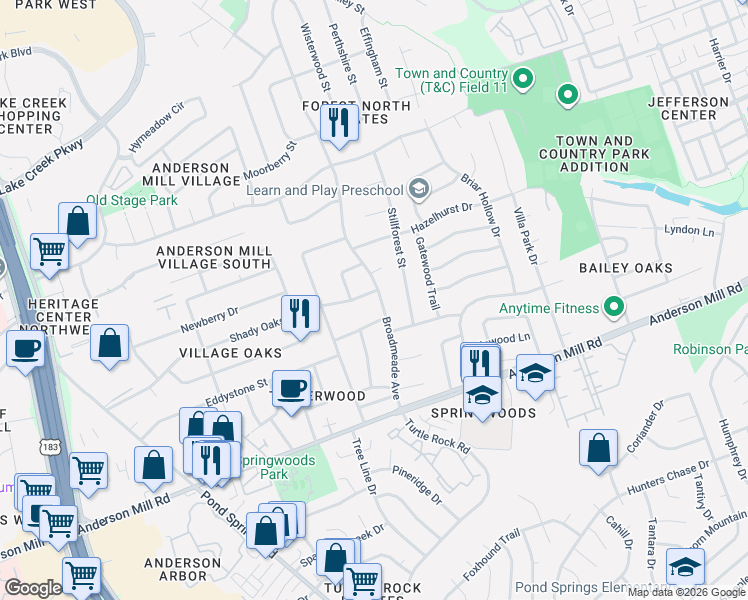 map of restaurants, bars, coffee shops, grocery stores, and more near 9201 Shady Oaks Drive in Austin