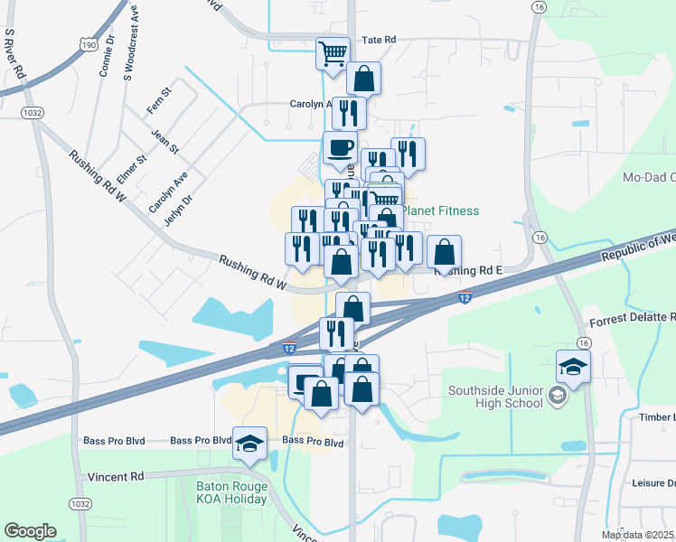 map of restaurants, bars, coffee shops, grocery stores, and more near 2341 South Range Avenue in Denham Springs
