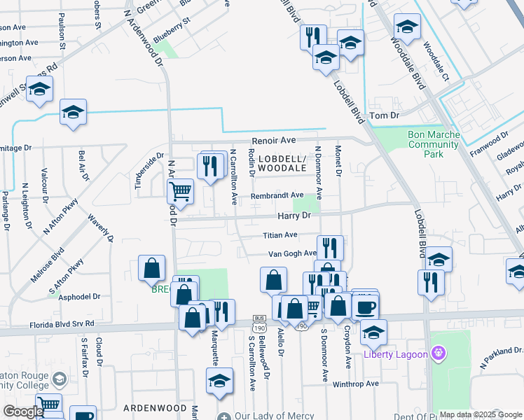 map of restaurants, bars, coffee shops, grocery stores, and more near 6737 Harry Drive in Baton Rouge
