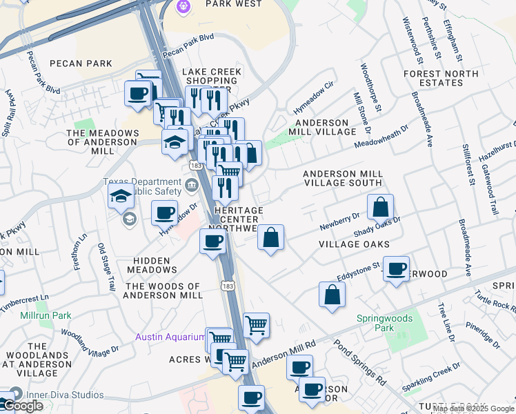 map of restaurants, bars, coffee shops, grocery stores, and more near 12707 Pond Woods Rd in Austin