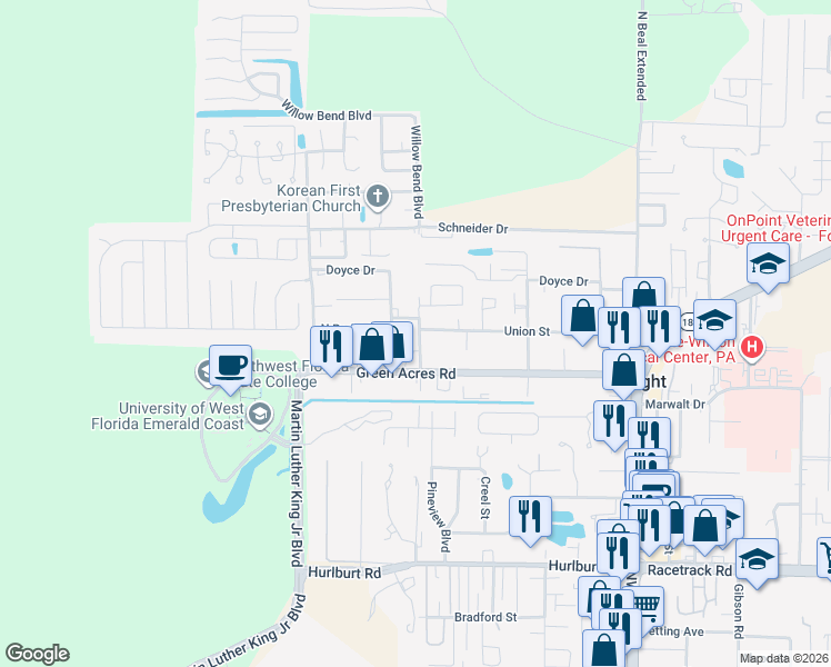 map of restaurants, bars, coffee shops, grocery stores, and more near 602 Marcel Street in Fort Walton Beach