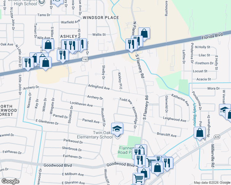 map of restaurants, bars, coffee shops, grocery stores, and more near 13162 Arlingford Avenue in Baton Rouge