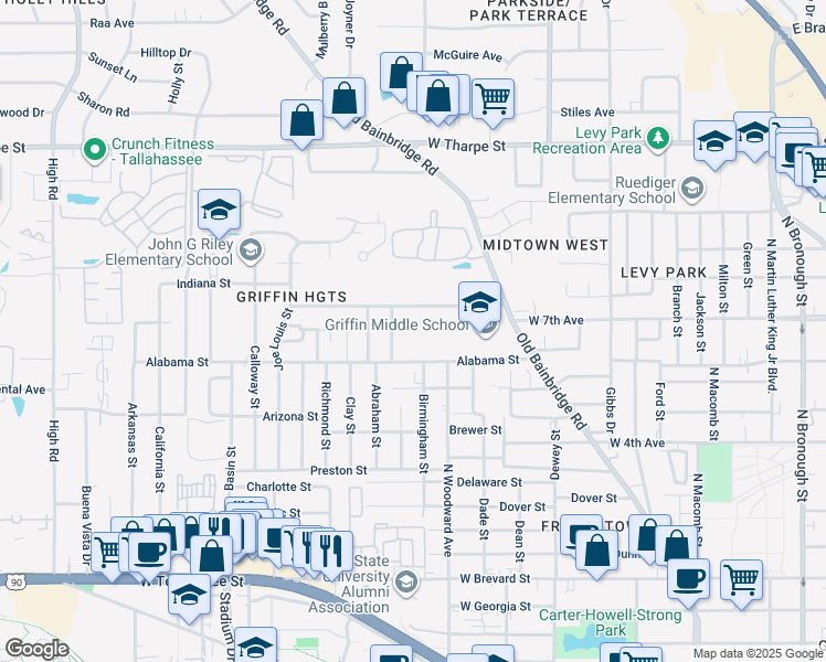 map of restaurants, bars, coffee shops, grocery stores, and more near 1329 Abraham Street in Tallahassee
