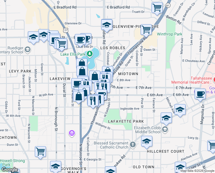 map of restaurants, bars, coffee shops, grocery stores, and more near 414 East 7th Avenue in Tallahassee
