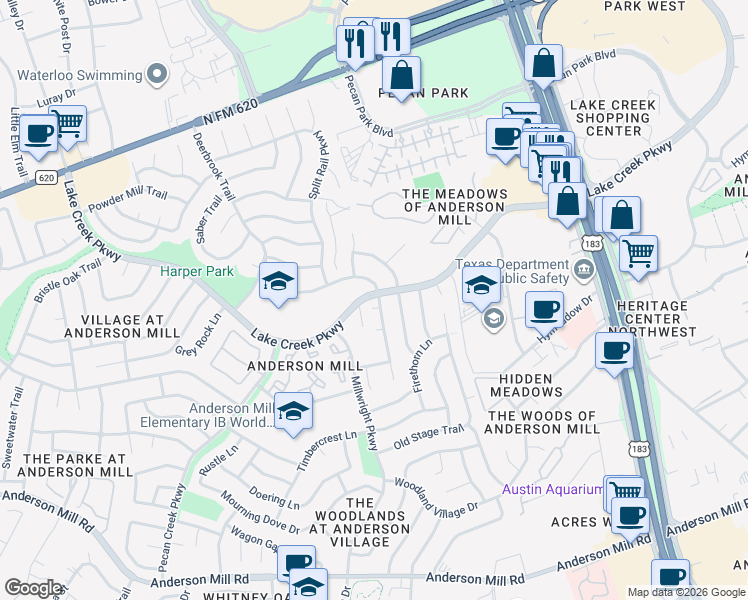 map of restaurants, bars, coffee shops, grocery stores, and more near 10600 Leather Cove in Austin