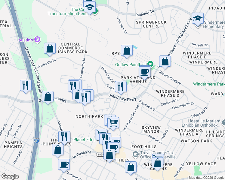 map of restaurants, bars, coffee shops, grocery stores, and more near 16206 Glorious Lane in Pflugerville